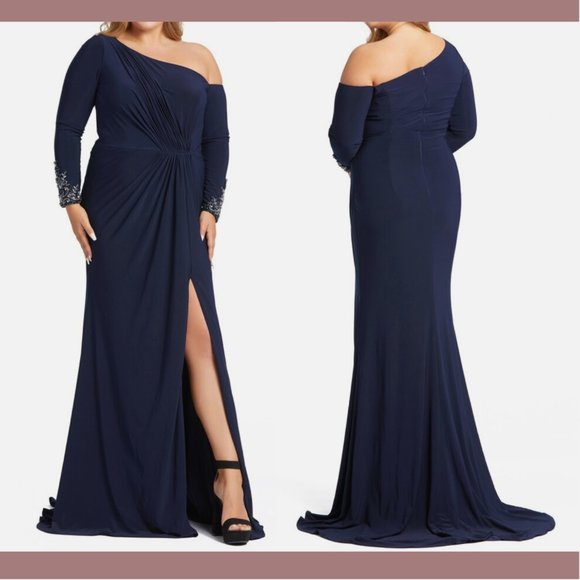 NWT Mac Duggal [ Plus 18W ] Ruched‎ One-Shoulder Long-Sleeve Gown Blue - Picture 2 of 16